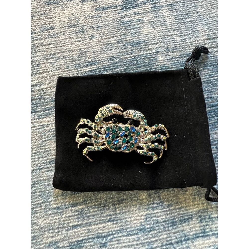 Silver Tone Blue Green Rhinestone Crab Brooch Pin